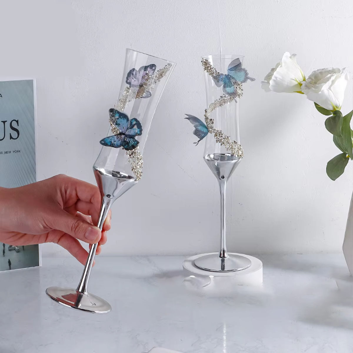 Champagne Flute Pair - Borboleta champanhe vidro galvanoplastia casa cristal